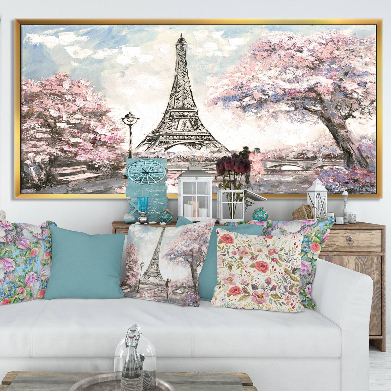 Designart - Eiffel with Pink Flowers - Large landscape Framed Canvas Art Print